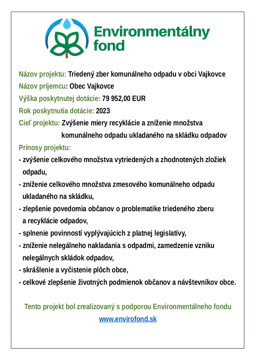 Plagát triedený zber komunálneho odpadu v obci Vajkovce